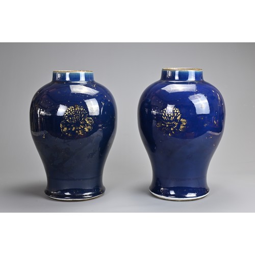 55 - A PAIR OF CHINESE POWDER BLUE AND GILT DECORATED JARS, 18TH CENTURY. Each of broad baluster form cov... 