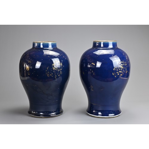 55 - A PAIR OF CHINESE POWDER BLUE AND GILT DECORATED JARS, 18TH CENTURY. Each of broad baluster form cov... 