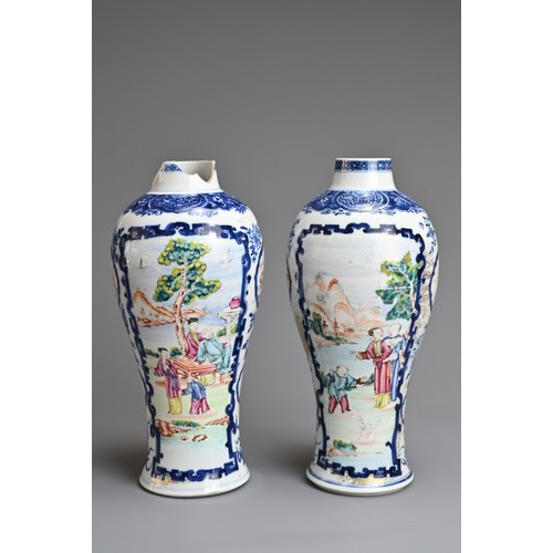 56 - A PAIR OF CHINESE FAMILLE ROSE PORCELAIN VASES, QIANLONG, 18TH CENTURY. Of baluster form decorated w... 