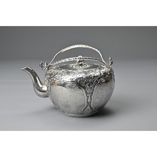 3 - A CHINESE SILVER TEAPOT, 19/20TH CENTURY. Decorated with floral scrolls and panels of ladies, with b... 