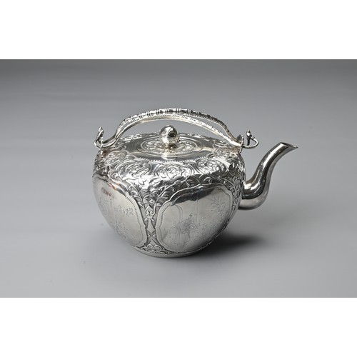 3 - A CHINESE SILVER TEAPOT, 19/20TH CENTURY. Decorated with floral scrolls and panels of ladies, with b... 