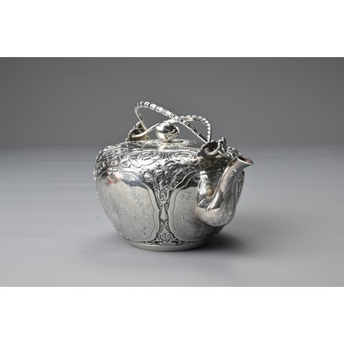 3 - A CHINESE SILVER TEAPOT, 19/20TH CENTURY. Decorated with floral scrolls and panels of ladies, with b... 