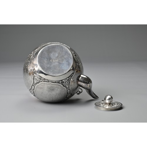 3 - A CHINESE SILVER TEAPOT, 19/20TH CENTURY. Decorated with floral scrolls and panels of ladies, with b... 