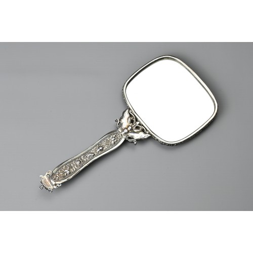 6 - A CHINESE EXPORT SILVER HAND MIRROR, EARLY 20TH CENTURY. On a butterfly handle with jade insert with... 