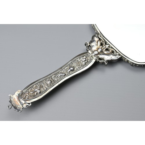 6 - A CHINESE EXPORT SILVER HAND MIRROR, EARLY 20TH CENTURY. On a butterfly handle with jade insert with... 