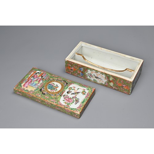 12 - A CHINESE CANTON FAMILLE ROSE PORCELAIN PEN BOX AND COVER, 19TH CENTURY. Of rectangular form with  a... 