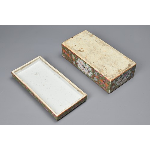 12 - A CHINESE CANTON FAMILLE ROSE PORCELAIN PEN BOX AND COVER, 19TH CENTURY. Of rectangular form with  a... 