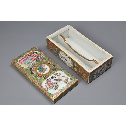 12 - A CHINESE CANTON FAMILLE ROSE PORCELAIN PEN BOX AND COVER, 19TH CENTURY. Of rectangular form with  a... 