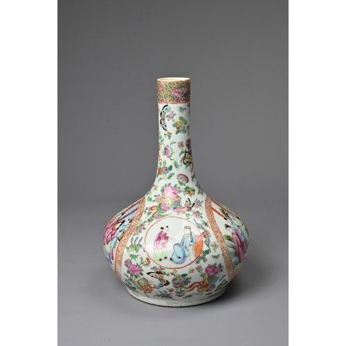 16 - A CHINESE CANTON FAMILLE ROSE PORCELAIN BOTTLE VASE, 19TH CENTURY. Squat globular body leading in ta... 