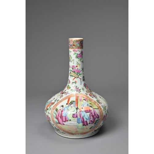 16 - A CHINESE CANTON FAMILLE ROSE PORCELAIN BOTTLE VASE, 19TH CENTURY. Squat globular body leading in ta... 