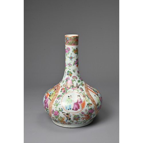 16 - A CHINESE CANTON FAMILLE ROSE PORCELAIN BOTTLE VASE, 19TH CENTURY. Squat globular body leading in ta... 