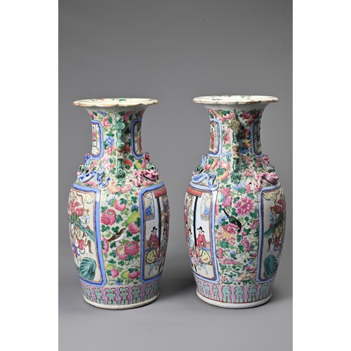 26 - A LARGE PAIR OF CHINESE FAMILLE ROSE PORCELAIN VASES, 19TH CENTURY. Of baluster form decorated with ... 