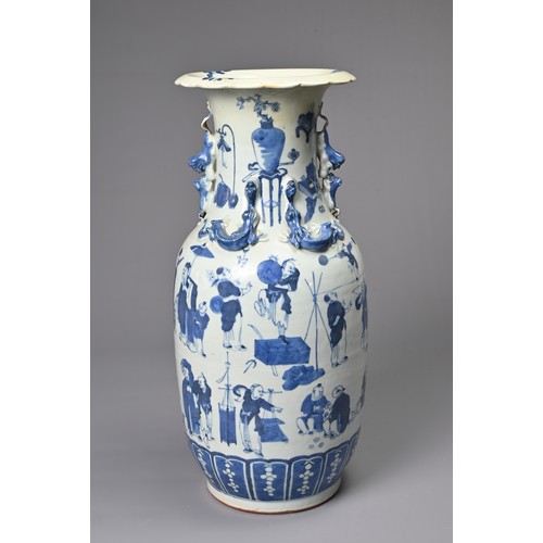 27 - A CHINESE BLUE AND WHITE PORCELAIN VASE, 19TH CENTURY. Of baluster form decorated with various merch... 