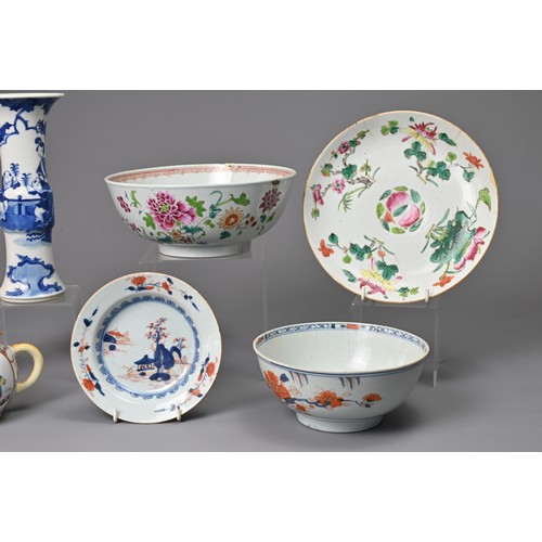 33 - A GROUP OF CHINESE PORCELAIN ITEMS, 18/19TH CENTURY. To include a two bowls, two dishes, a teapot an... 