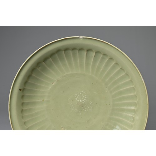 68 - A CHINESE LONGQUAN CELADON SHALLOW DISH. Fairly finely potted with moulded ribbed interior in the fo... 