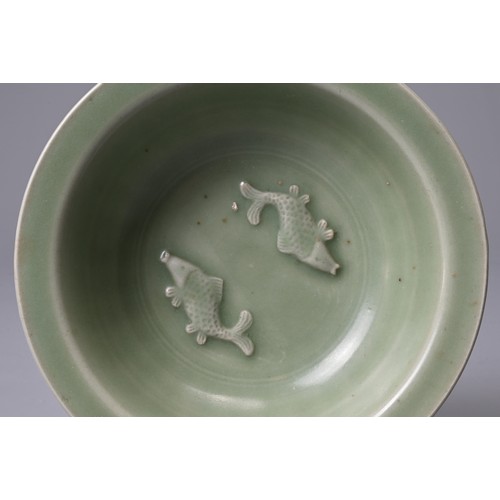 69 - A CHINESE LONGQUAN CELADON TWIN FISH PORCELAIN DISH. Fish well detailed and applied in high relief s... 