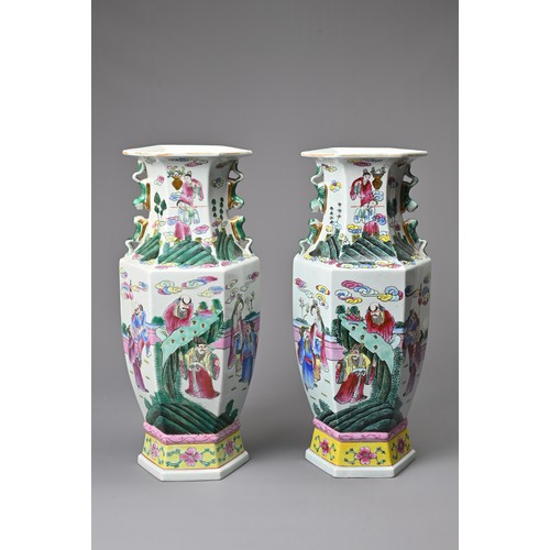 74 - A LARGE PAIR OF VINTAGE CHINESE POLYCHROME ENAMELLED PORCELAIN VASES, 20TH CENTURY. Of hexagonal for... 