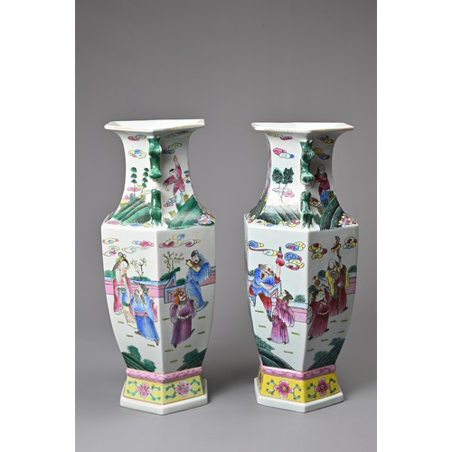 74 - A LARGE PAIR OF VINTAGE CHINESE POLYCHROME ENAMELLED PORCELAIN VASES, 20TH CENTURY. Of hexagonal for... 