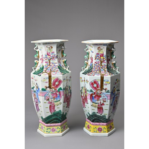 74 - A LARGE PAIR OF VINTAGE CHINESE POLYCHROME ENAMELLED PORCELAIN VASES, 20TH CENTURY. Of hexagonal for... 