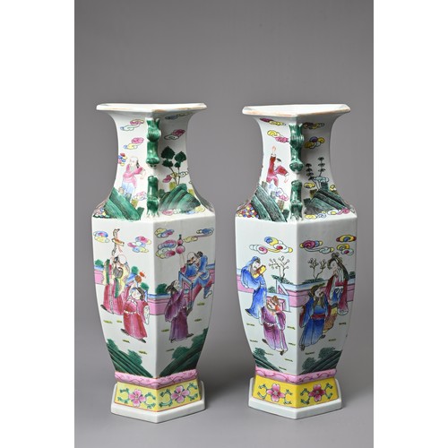 74 - A LARGE PAIR OF VINTAGE CHINESE POLYCHROME ENAMELLED PORCELAIN VASES, 20TH CENTURY. Of hexagonal for... 