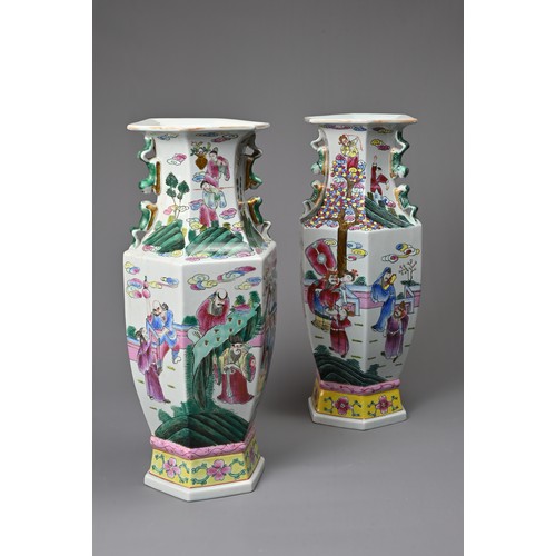 74 - A LARGE PAIR OF VINTAGE CHINESE POLYCHROME ENAMELLED PORCELAIN VASES, 20TH CENTURY. Of hexagonal for... 