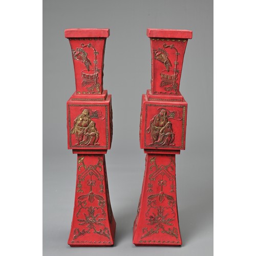 76 - A PAIR OF CHINESE INK STONE IN THE FORM OF CANDLE STICKS, 20TH CENTURY WITH BOXES. Each of square fo... 