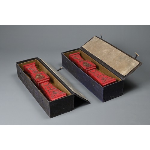 76 - A PAIR OF CHINESE INK STONE IN THE FORM OF CANDLE STICKS, 20TH CENTURY WITH BOXES. Each of square fo... 