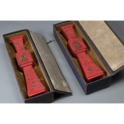 76 - A PAIR OF CHINESE INK STONE IN THE FORM OF CANDLE STICKS, 20TH CENTURY WITH BOXES. Each of square fo... 