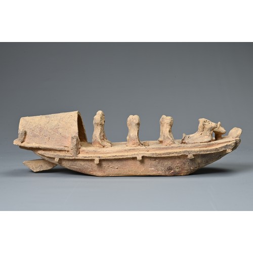 208 - A CHINESE POTTERY MODEL OF A BOAT WITH RUDDER, HAN DYNASTY STYLE. Close examples are known found in ... 
