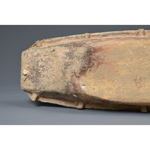 208 - A CHINESE POTTERY MODEL OF A BOAT WITH RUDDER, HAN DYNASTY STYLE. Close examples are known found in ... 