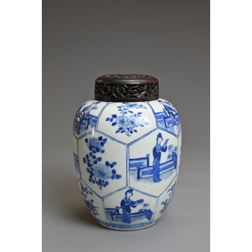 1 - A CHINESE BLUE AND WHITE PORCELAIN OVOID JAR, QING DYNASTY. Decorated with panels of ladies in garde... 