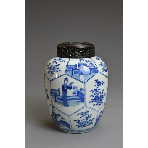 1 - A CHINESE BLUE AND WHITE PORCELAIN OVOID JAR, QING DYNASTY. Decorated with panels of ladies in garde... 