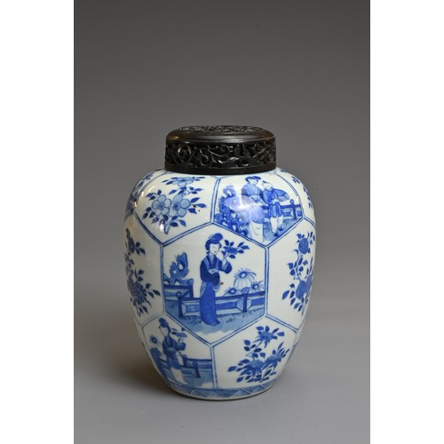 1 - A CHINESE BLUE AND WHITE PORCELAIN OVOID JAR, QING DYNASTY. Decorated with panels of ladies in garde... 