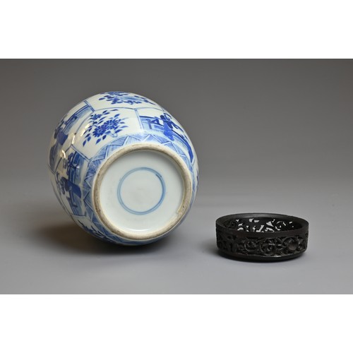 1 - A CHINESE BLUE AND WHITE PORCELAIN OVOID JAR, QING DYNASTY. Decorated with panels of ladies in garde... 