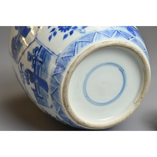 1 - A CHINESE BLUE AND WHITE PORCELAIN OVOID JAR, QING DYNASTY. Decorated with panels of ladies in garde... 