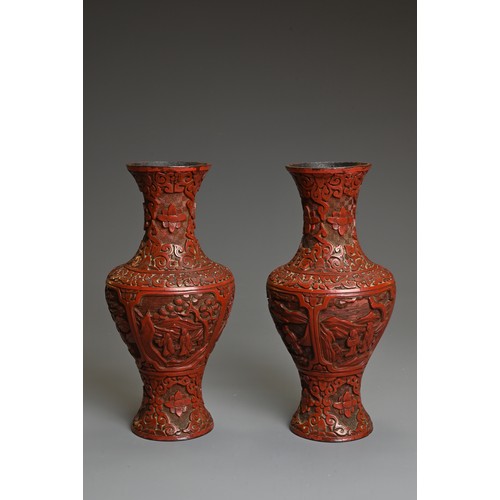 4 - A PAIR OF CHINESE CINNABAR LACQUER VASES, QING DYNASTY. Each of baluster form carved in relief with ... 