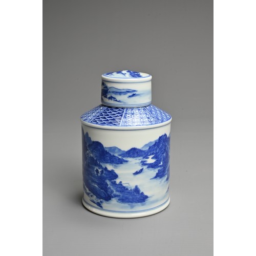 13 - A CHINESE BLUE AND WHITE PORCELAIN TEA CADDY, 20TH CENTURY. Finely decorated with a landscape scene ... 