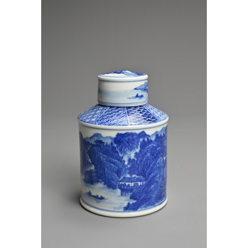 13 - A CHINESE BLUE AND WHITE PORCELAIN TEA CADDY, 20TH CENTURY. Finely decorated with a landscape scene ... 