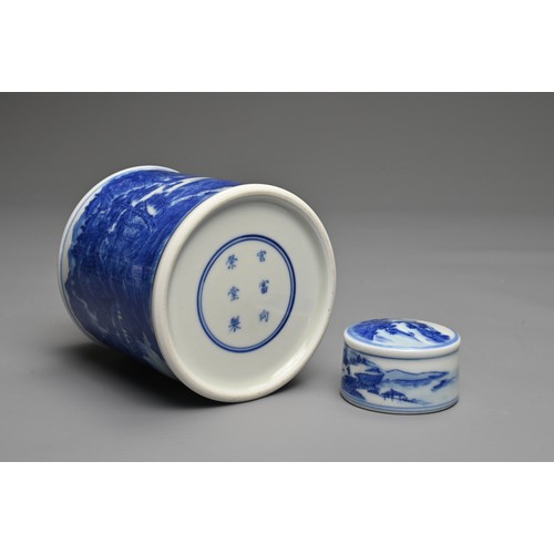 13 - A CHINESE BLUE AND WHITE PORCELAIN TEA CADDY, 20TH CENTURY. Finely decorated with a landscape scene ... 