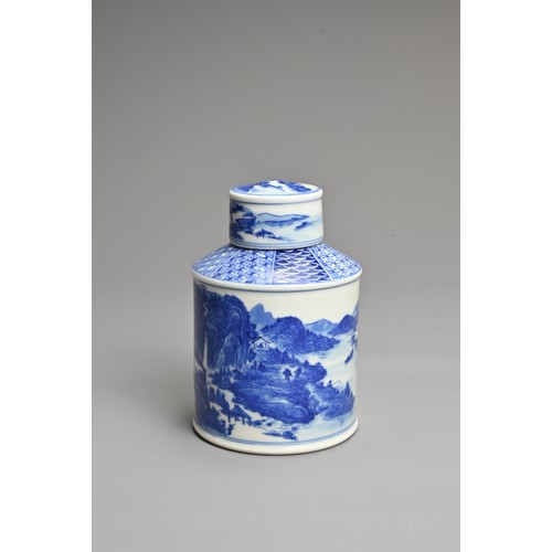 13 - A CHINESE BLUE AND WHITE PORCELAIN TEA CADDY, 20TH CENTURY. Finely decorated with a landscape scene ... 