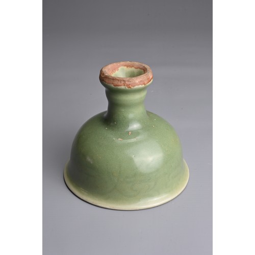 19 - A CHINESE LONGQUAN CELADON GLAZED STEM BOWL. Heavily potted with a deep, rounded bowl carved with st... 