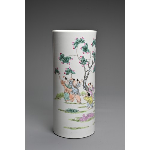 30 - A CHINESE FAMILLE ROSE PORCELAIN VASE, 20TH CENTURY.  Of cylindrical form decorated with children pl... 