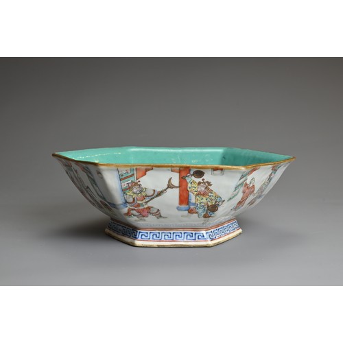 37 - A CHINESE FAMILLE ROSE HEXAGONAL PORCELAIN BOWL, TONGZHI PERIOD (1861-75). Decorated to the exterior... 