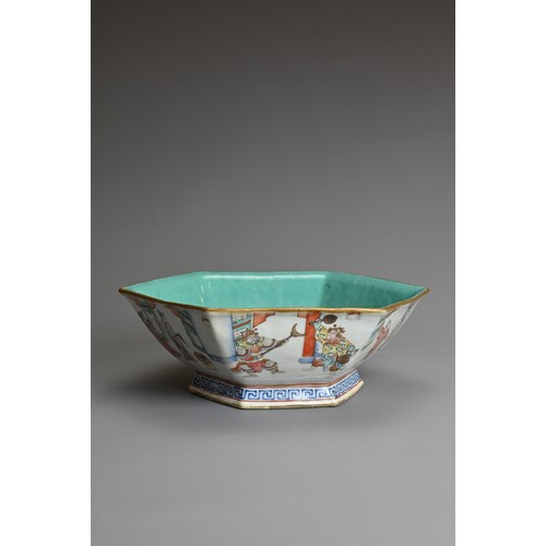 37 - A CHINESE FAMILLE ROSE HEXAGONAL PORCELAIN BOWL, TONGZHI PERIOD (1861-75). Decorated to the exterior... 