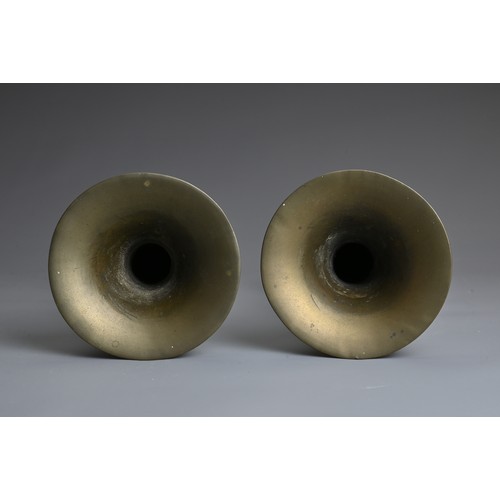 48 - A PAIR OF CHINESE POLISHED BRONZE GU SHAPED VASES, 19/20TH CENTURY. Archaic style decoration with fl... 