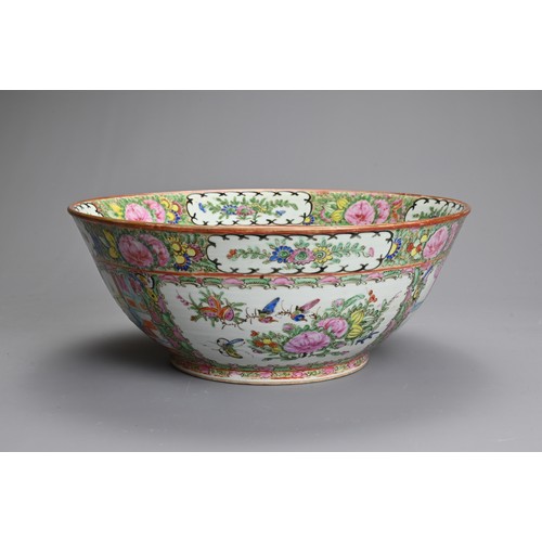 27 - A CHINESE CANTON FAMILLE ROSE PORCELAIN PUNCH BOWL, 19/20TH CENTURY. Rose medallion decorated with p... 