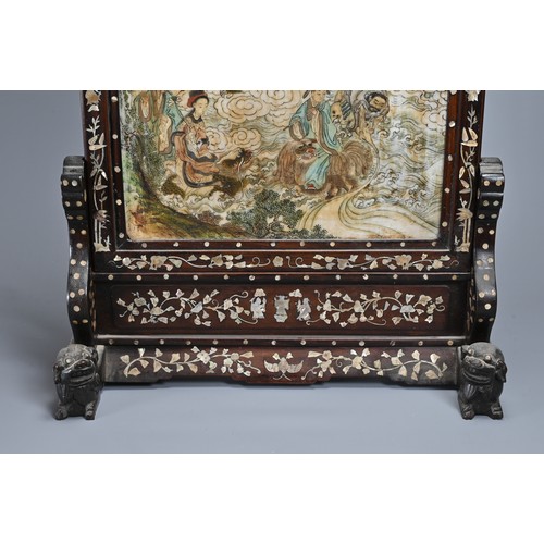 53 - A LARGE CHINESE MARBLE SET MOTHER OF PEAR INLAID HARDWOOD TABLE SCREEN, LATE QING DYNASTY. The marbl... 