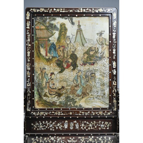 53 - A LARGE CHINESE MARBLE SET MOTHER OF PEAR INLAID HARDWOOD TABLE SCREEN, LATE QING DYNASTY. The marbl... 