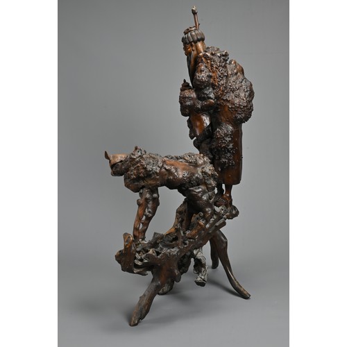 54 - TWO VERY LARGE CHINESE ROOT CARVINGS, 19TH CENTURY. Sectional figures on stands of immortals and buf... 