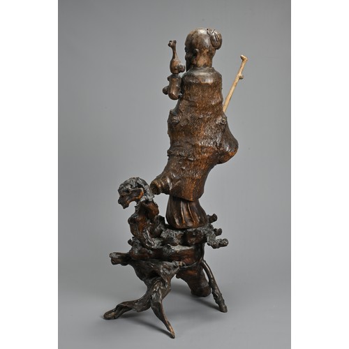 54 - TWO VERY LARGE CHINESE ROOT CARVINGS, 19TH CENTURY. Sectional figures on stands of immortals and buf... 